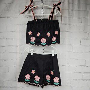 So Me Floral Embroidered Black Crop Top Shorts Set Womens S Summer Vacation NWT